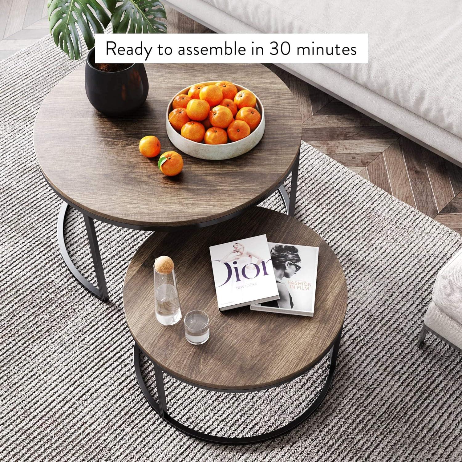 Modern Luxe Round Nesting Coffee Table Set, Glass & Marble on Gold Frame