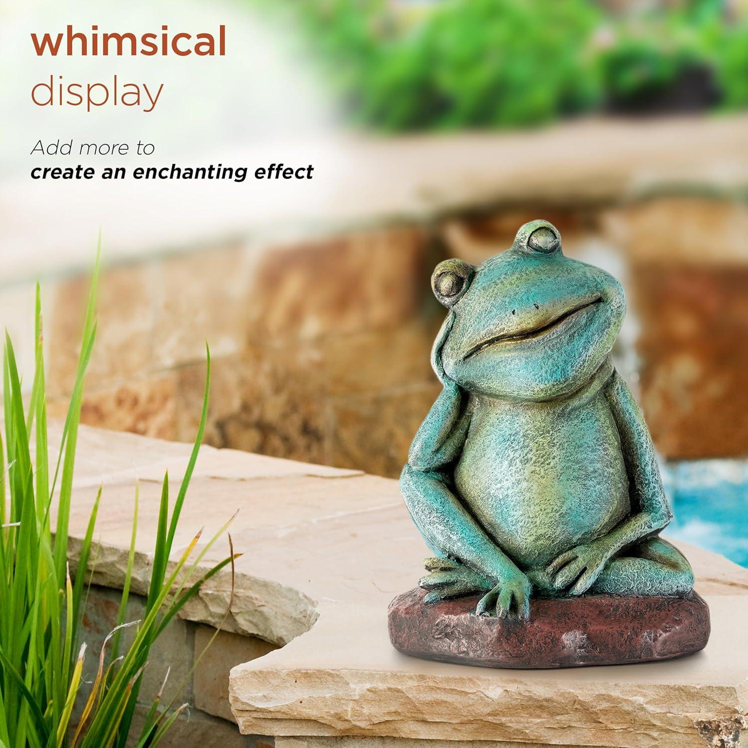 15" Magnesium Oxide Pensive Frog Statue - Alpine Corporation: Garden Decor, Zen722 Collection