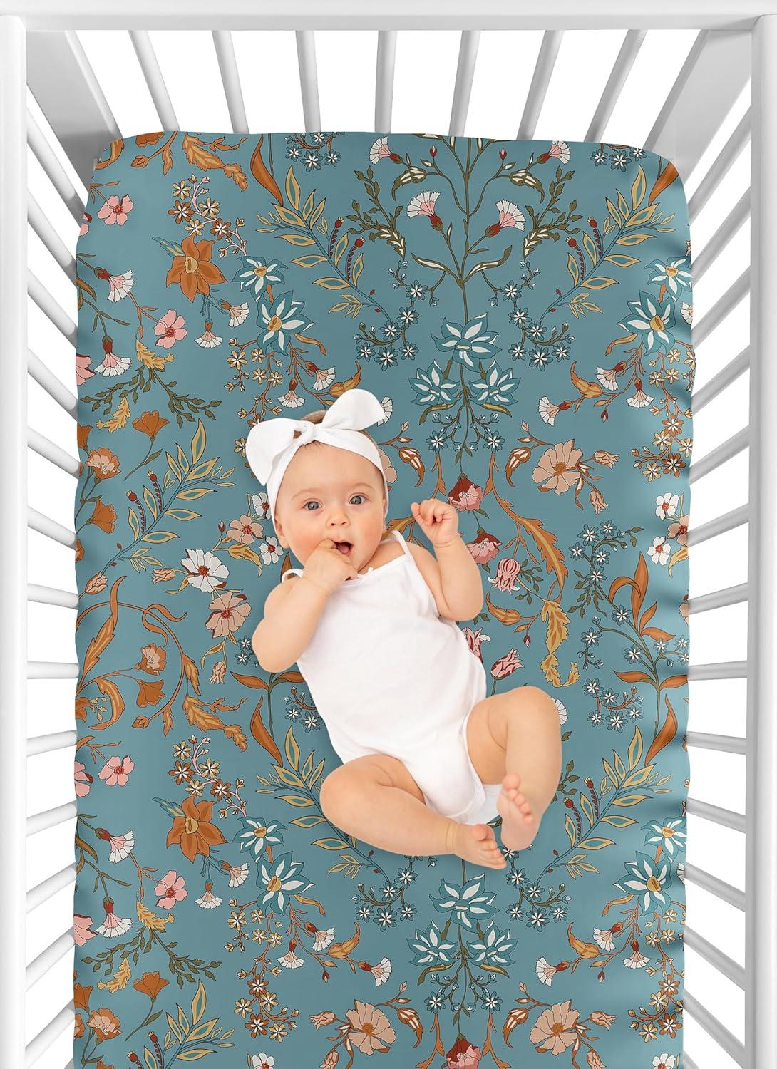 Sweet Jojo Designs Girl Fitted Crib Sheets Set Boho Floral Wildflower Blue Orange and Pink 2pc