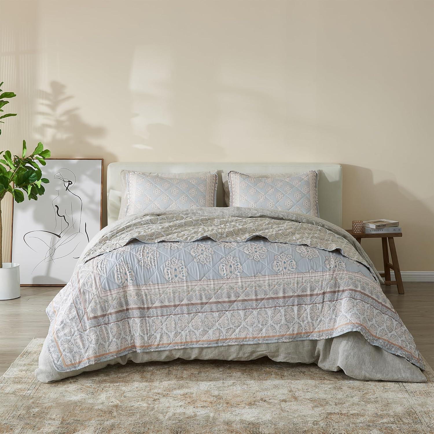 2pc Twin Printed Vintage Quilt Bedding Set Beige/Blue - Patina Vie: Reversible Damask Pattern, OEKO-TEX Certified