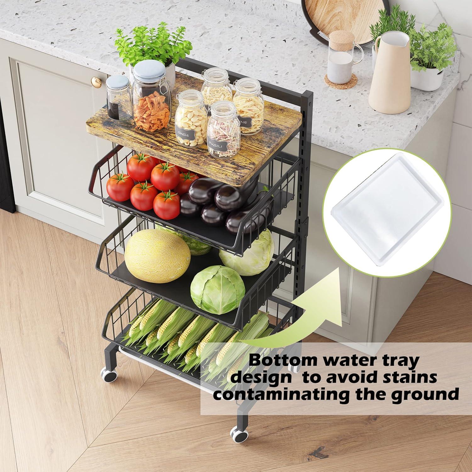 Fruit Basket 4-Tier Adjustable Fruit Vegetable Basket Cart Metal Wire Storage Cart Rolling Pantry Utility Kitchen Cart