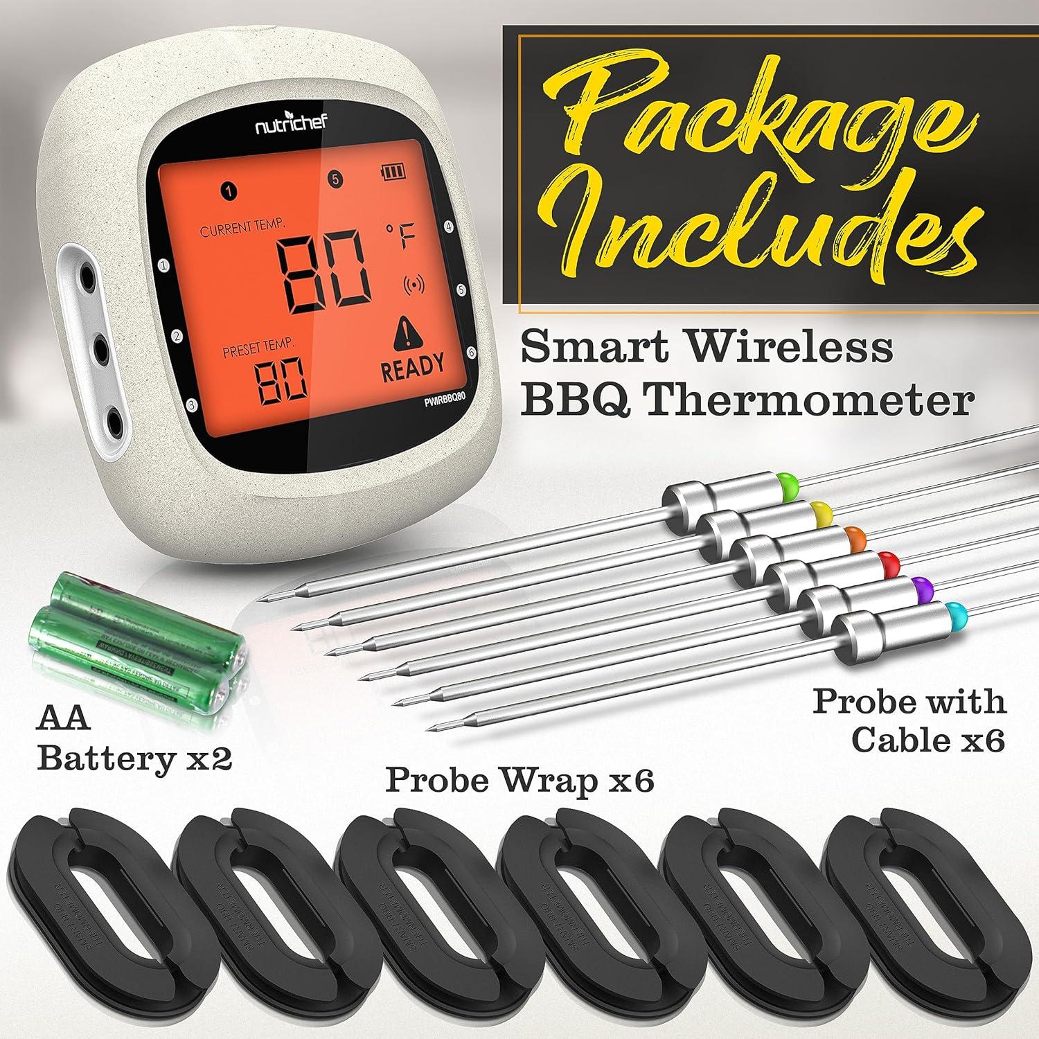 NutriChef Nutrichef Bluetooth Meat Thermometer For Grilling And Smoking With 6 Wireless Meat Probes, 6 Channels With Lcd Display