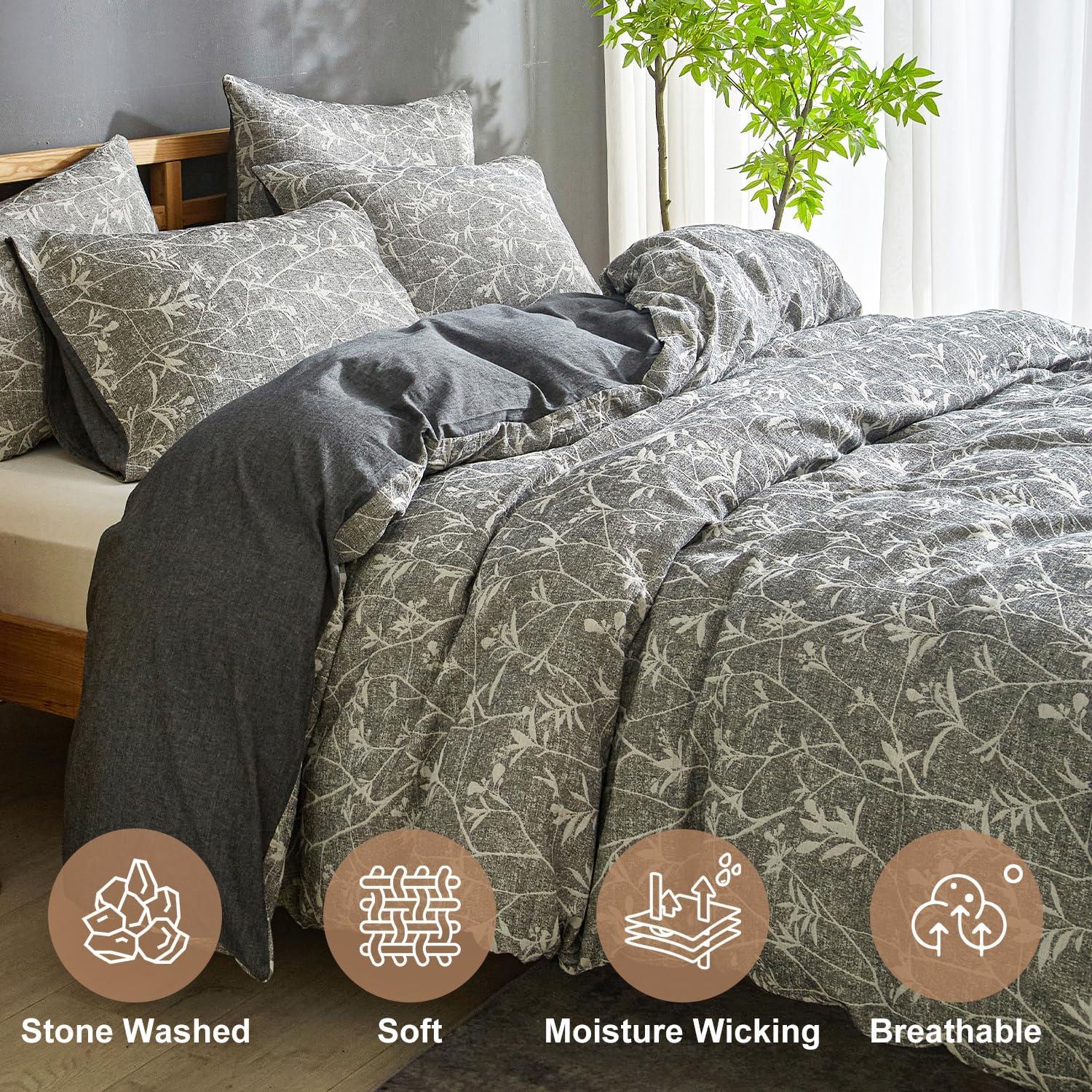 Ivellow Linen Cotton Blend Duvet Cover Set Queen - Jaquard Floral Textured Ultra Soft Breathable Grey Botanical Garden Flower Leaves Branch Bedding Set 3 Pcs