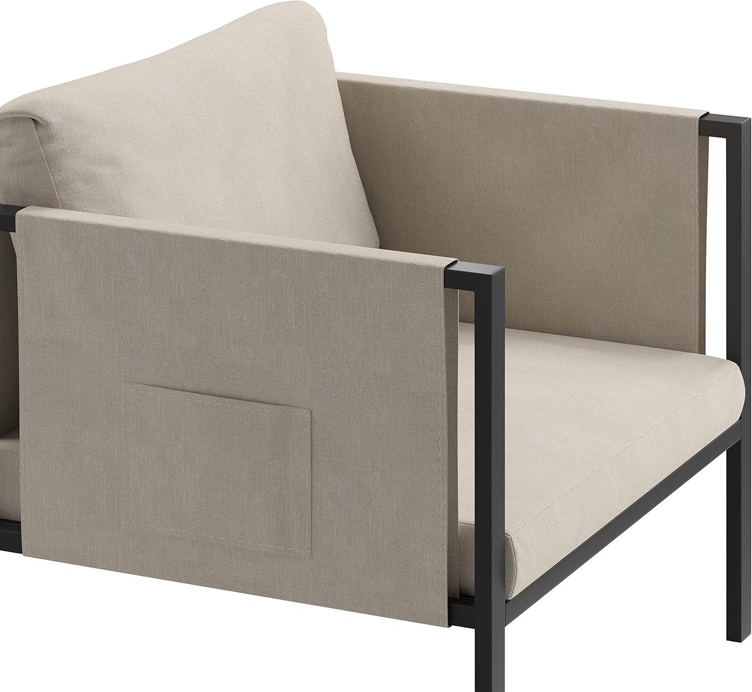 Flash Furniture Lea Indoor/Outdoor Patio Chair with Cushions - Modern Steel Framed Chair with Storage Pockets, Black with Beige Cushions