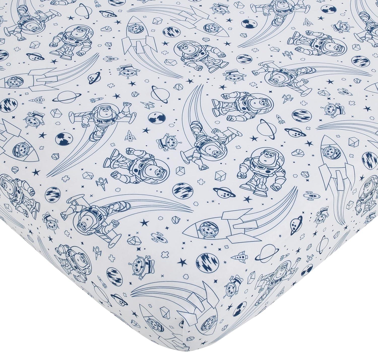 NoJo Disney Toy Story Outta This World Blue and Gray 3 Piece Nursery Crib Bedding Set - Comforter,  Fitted Crib Sheet, and Crib Skirt
