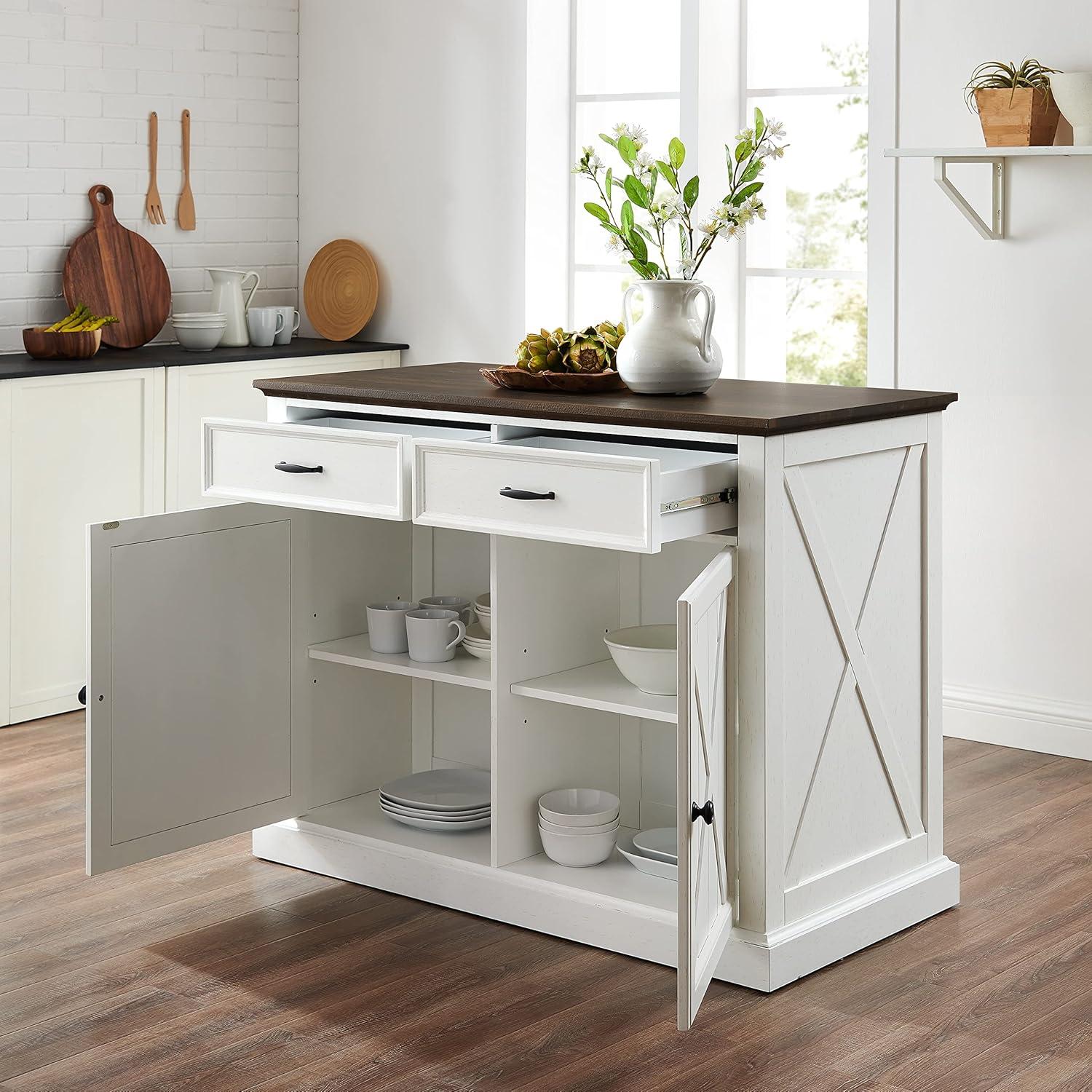 Clifton 36" Distressed White and Brown Modern Farmhouse Kitchen Island