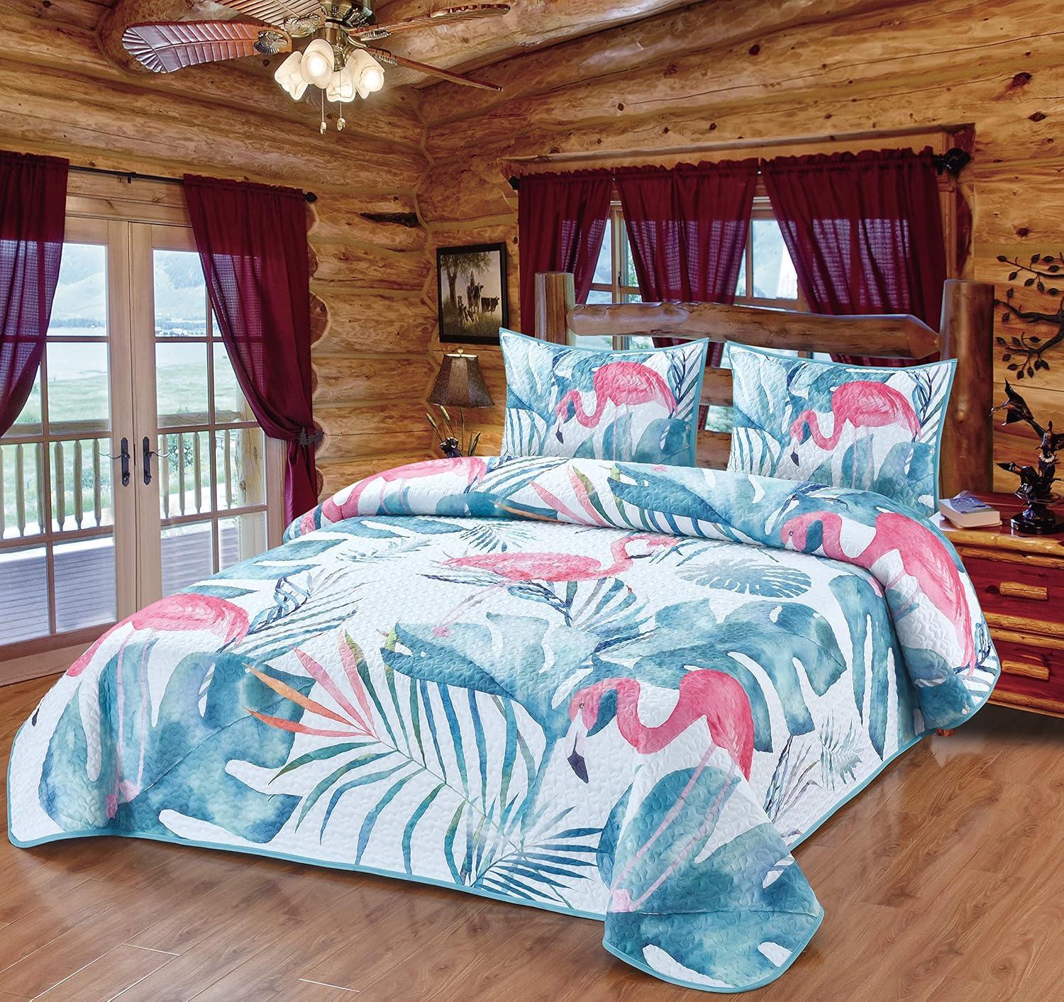 De Leon Collections Coastal Living Pink Flamingo & Aqua Palms Tropical Beach Vibes Decorative Quilt Bedding Set
