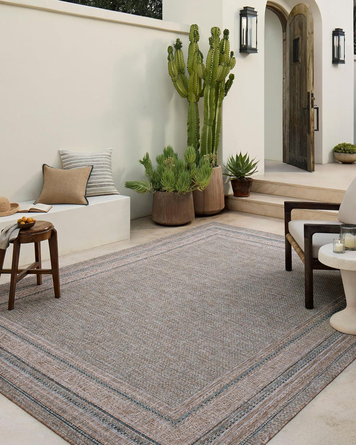 Topanga III Indoor / Outdoor Rug by Amber Lewis x Loloi - Natural and Teal / 6'7" x 9'4"