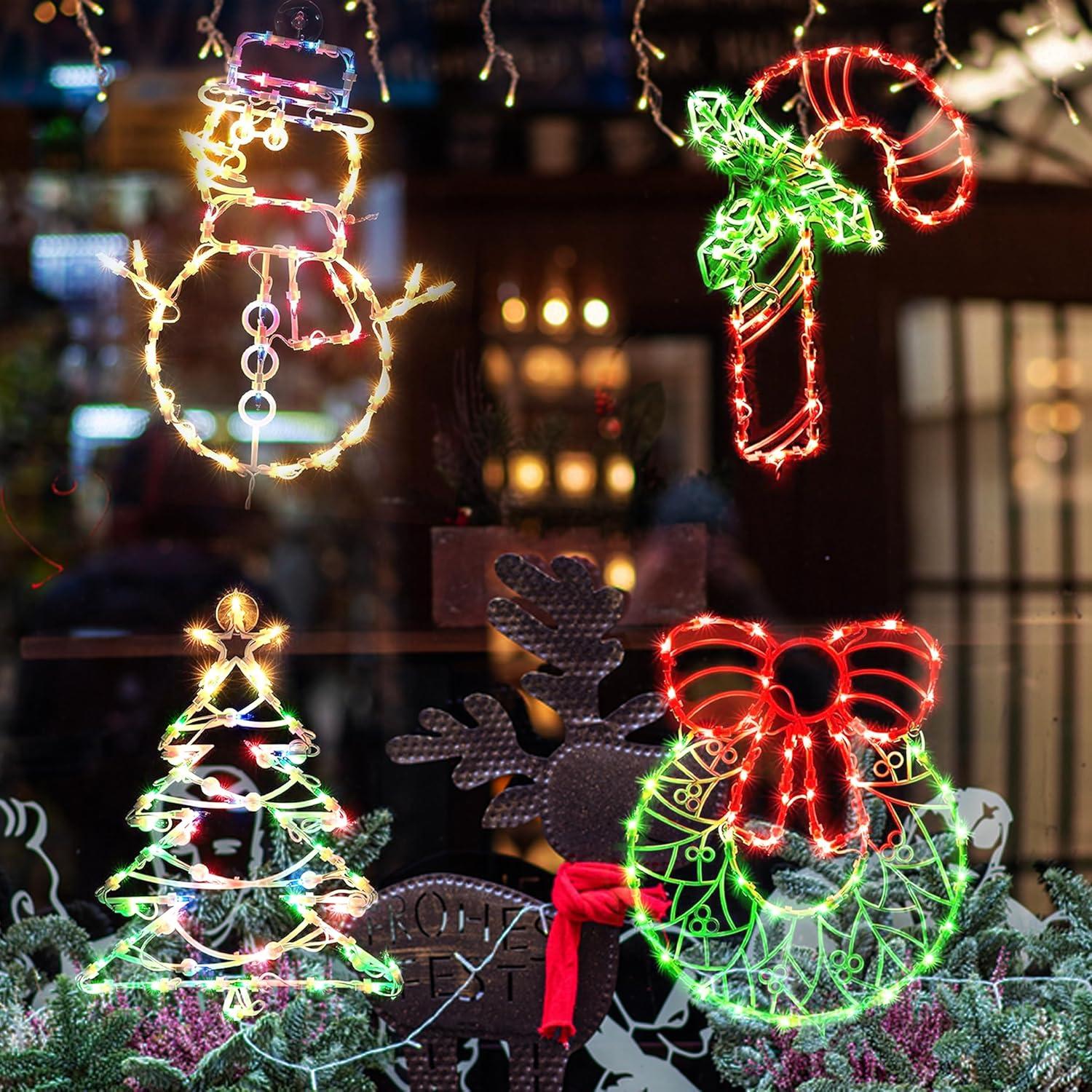 16 Inch Christmas Window Silhouette Lights Decorations, 4 Pack Waterproof Window Hanging Lights Elk, Christmas Tree, Santa Claus, Wreaths for Party, Home Indoor Outdoor Wall - 200 Mini Bulbs