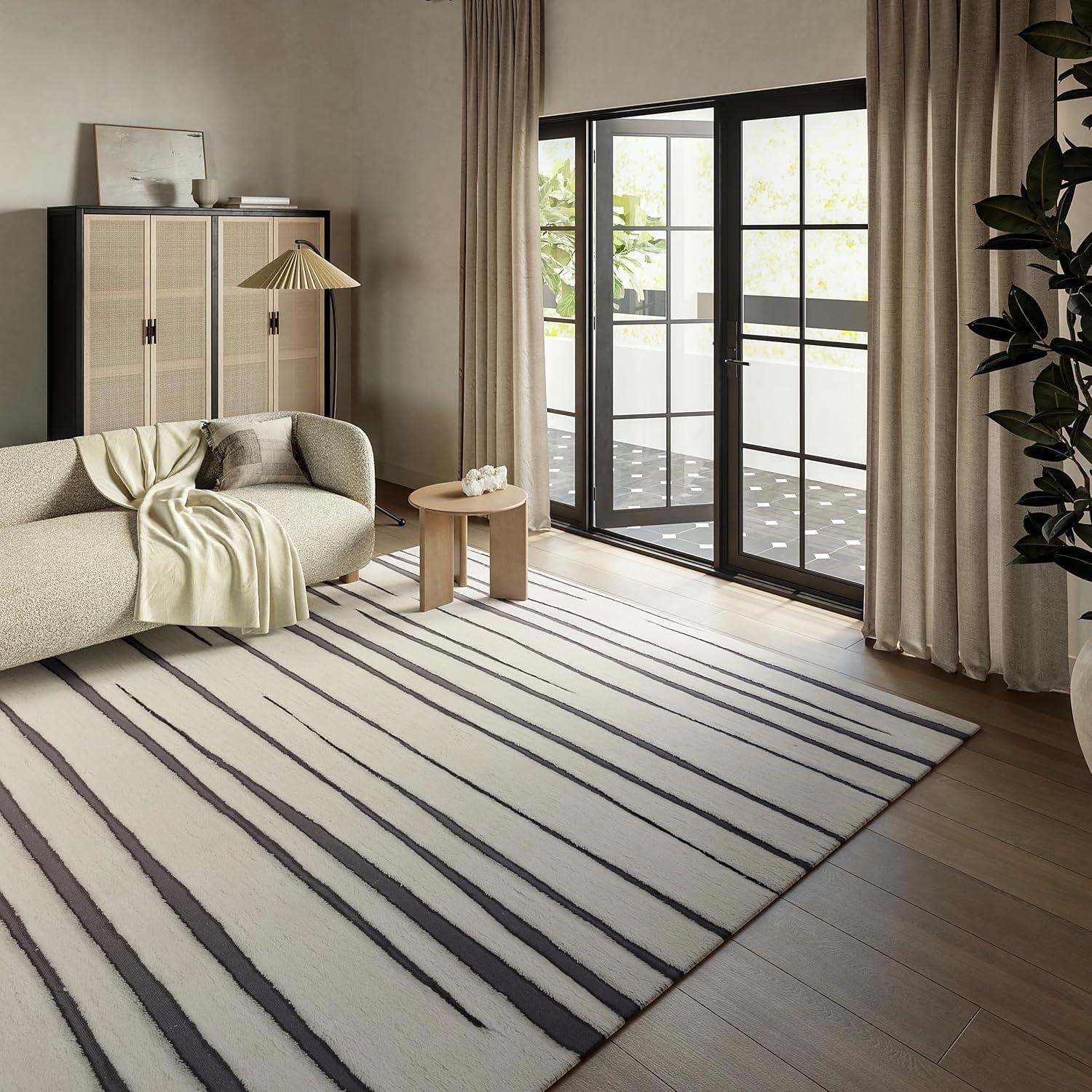 Frenshe Interiors x Rugs USA - Studio Striped New Zealand Wool Indoor Area Rug, Runner 2' 6" x 8', Studio Ivory