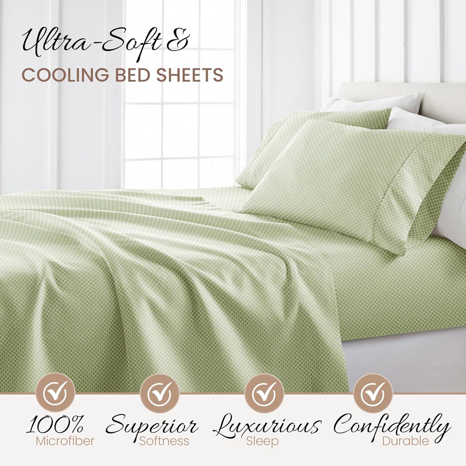 Linen Market Double-Brushed Patterned Microfiber King Sheet Set 4 Piece – Oeko-TEX Certified Ultra Soft & Wrinkle-Free - 16" Deep Pocket Sheets - Easy Care King Size - Scallops Sage