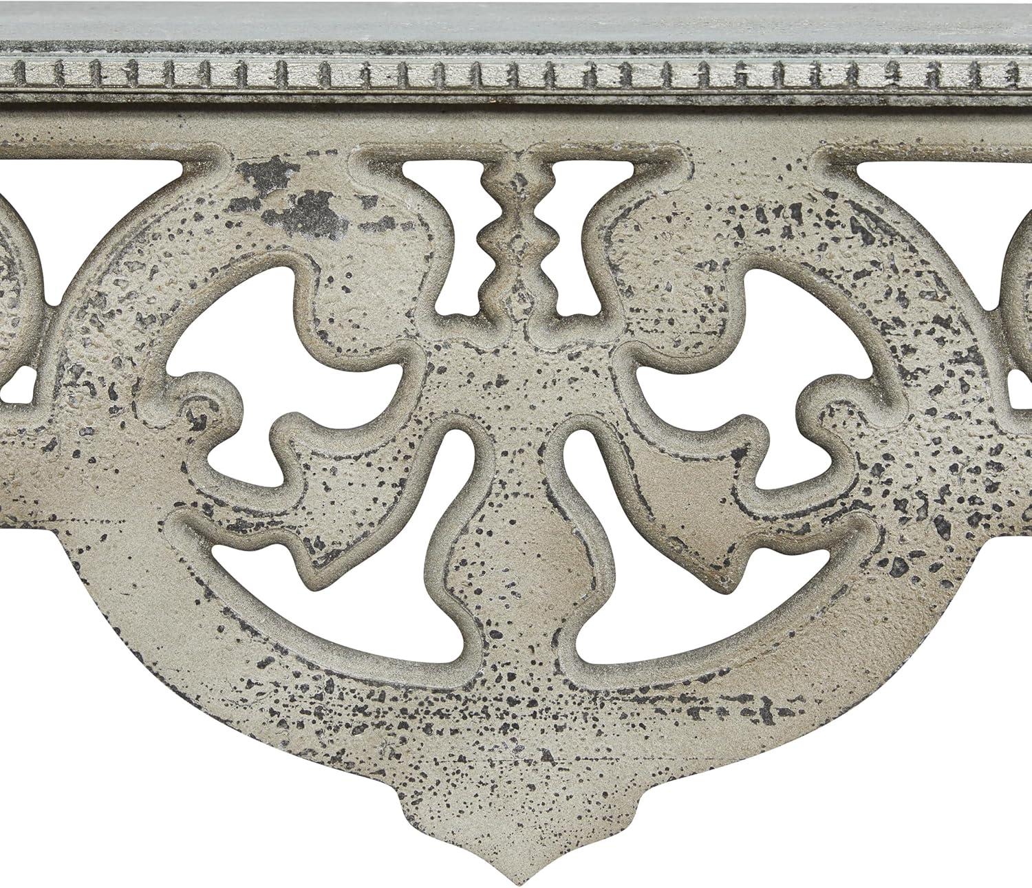 DecMode 48" x 8" 1-Tier Beige Scroll Wall Shelf with Gray Distressing