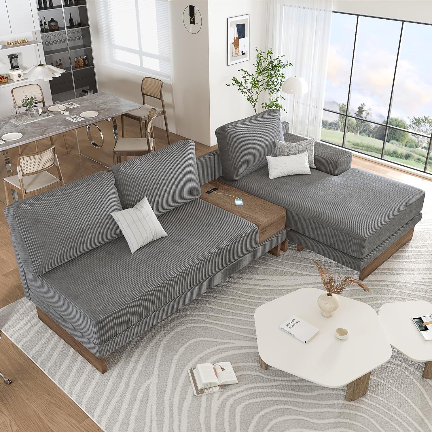 114" L-shaped Sofa Sectional Sofa with Two USB Ports and Two Power Sockets, A Storage Drawer and A Reversible Chaise Lounge for Living Room