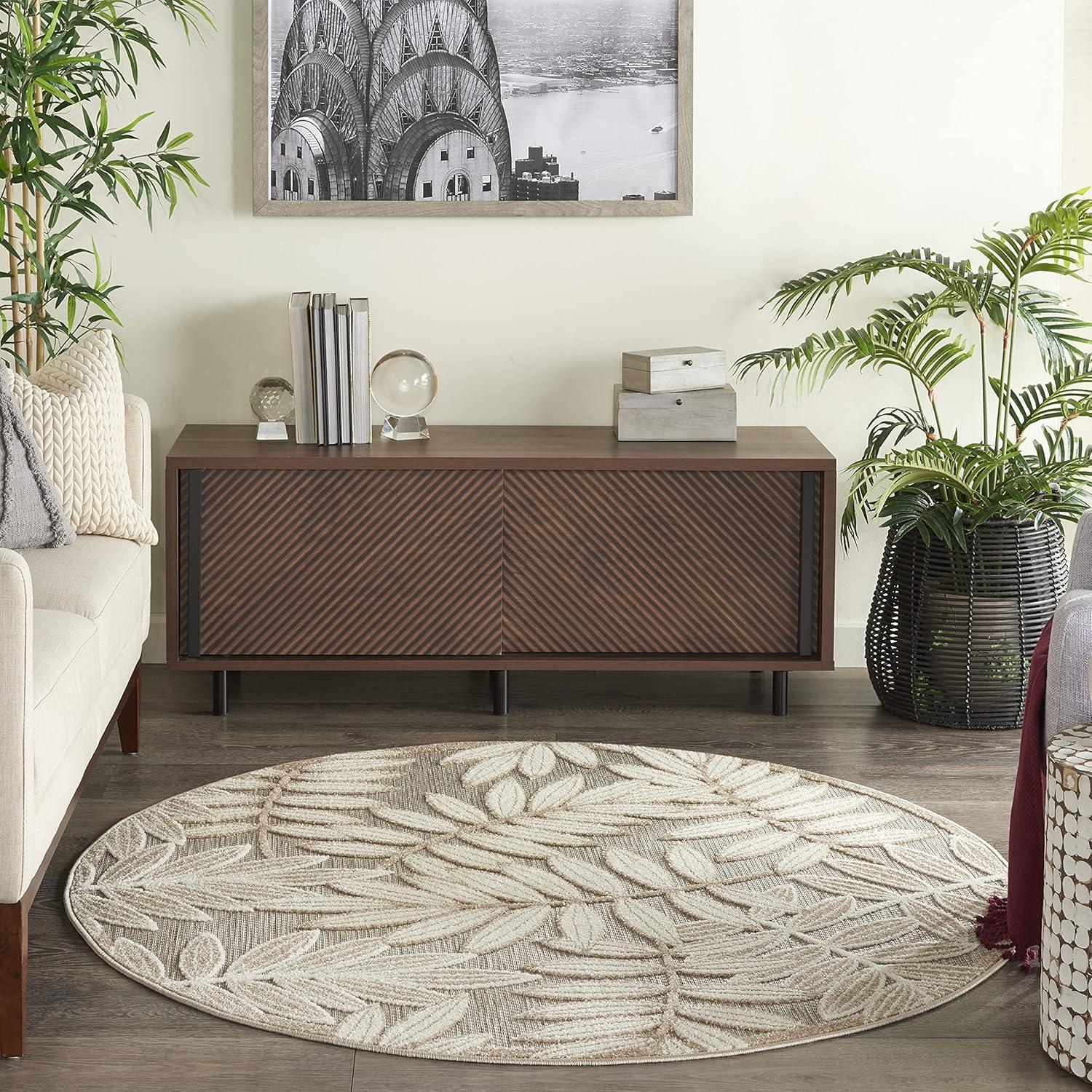 Nourison Aloha Floral Leaf Flatweave High-Low Indoor Outdoor Round Rug Natural 5'3" x 5'3"