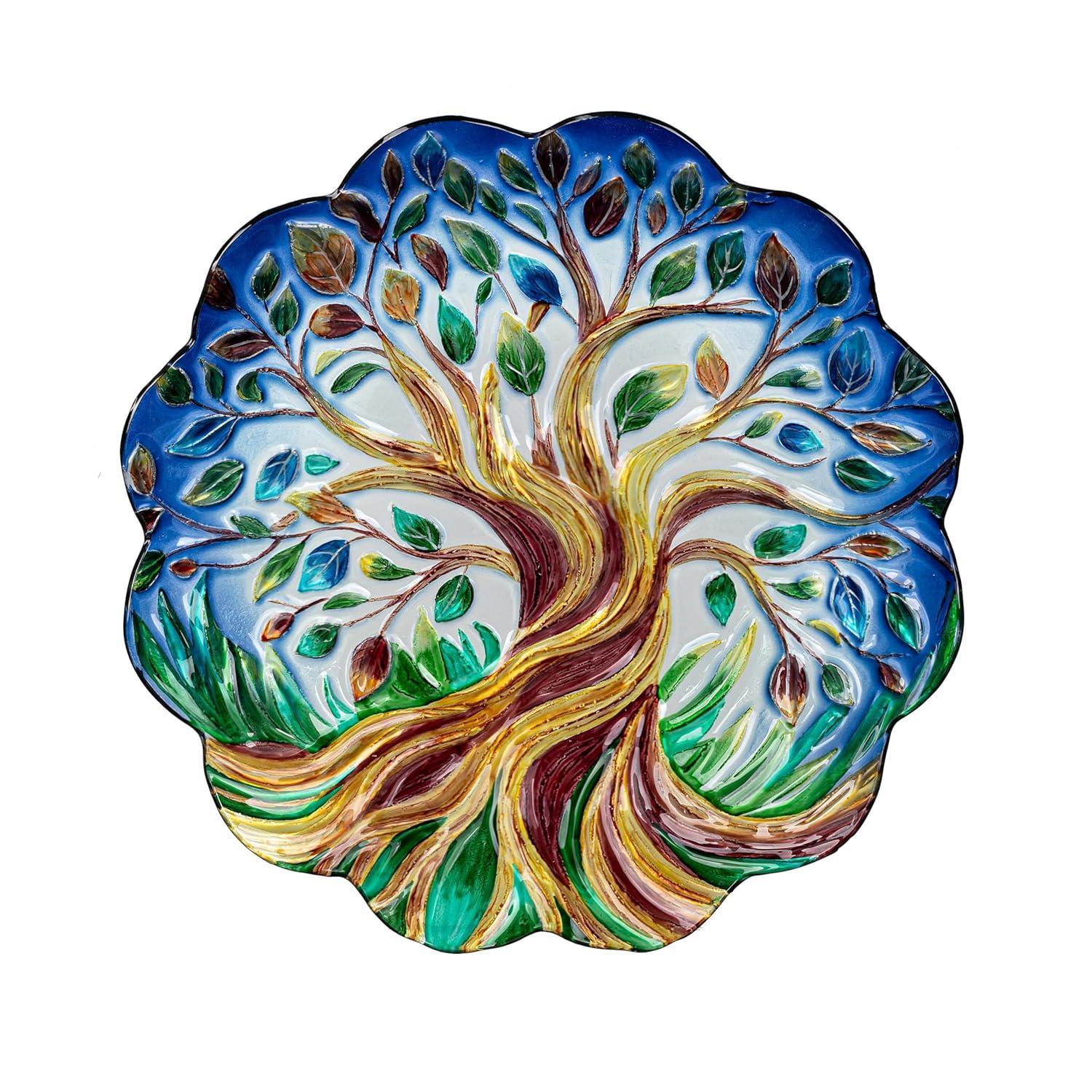 Evergreen Garden 18 inches Glass Bird Bath Bowl, Glass Painted Birdbath or Wild Bird Feeders for Outdoor Bird Bath Stand, Bird Bath Replacement Bowls Only (Tree of Life)