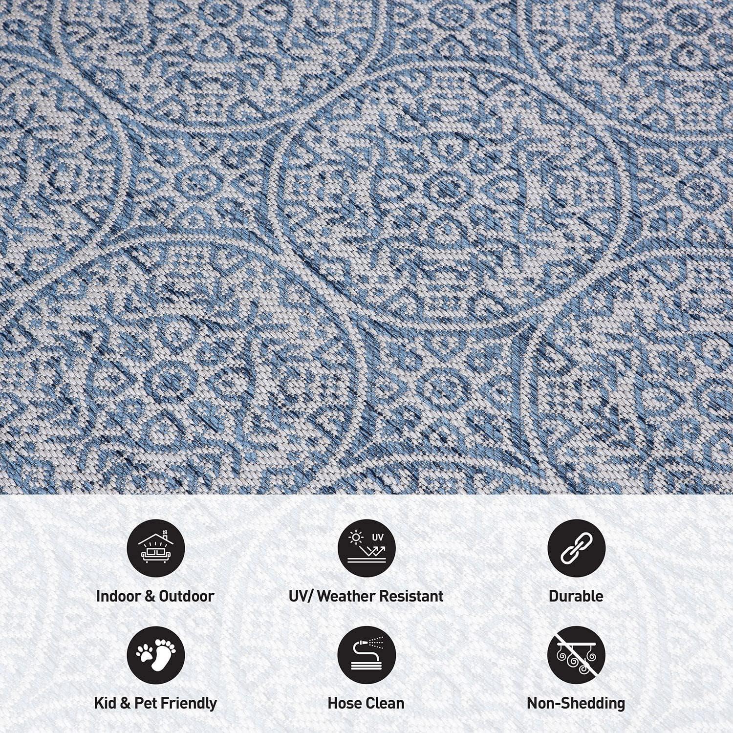World Rug Gallery Transitional Floral Circles Textured Flat Weave Indoor/Outdoor Area Rug - BLUE 5' X 7'