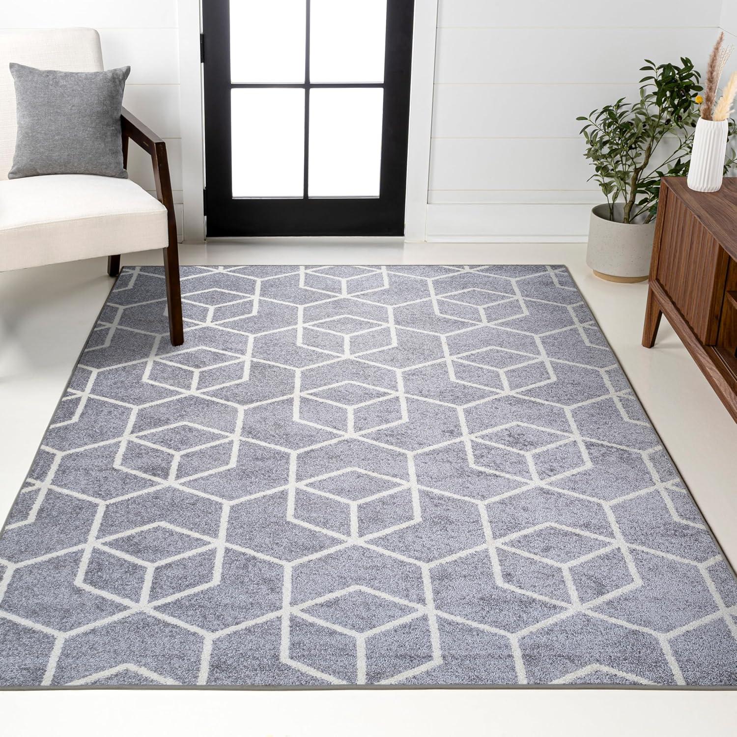 3'x5' Tumbling Blocks Modern Geometric Area Rug, Light Gray/White - JONATHAN Y