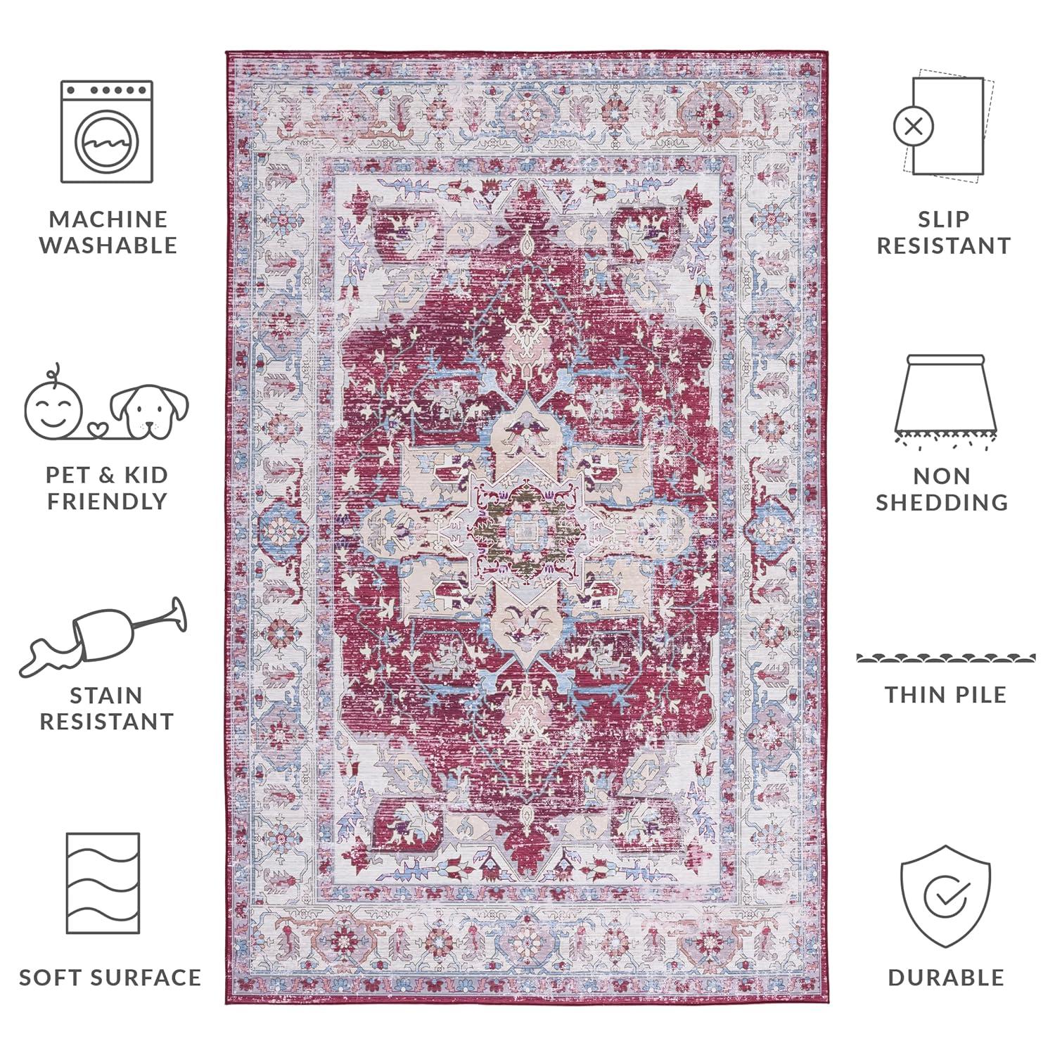 Tucson Vintage Persian TSN106 Power Loomed Machine Washable Skid-Resistant Indoor Area Rug - Burgundy/Beige - 5'x8' - Safavieh