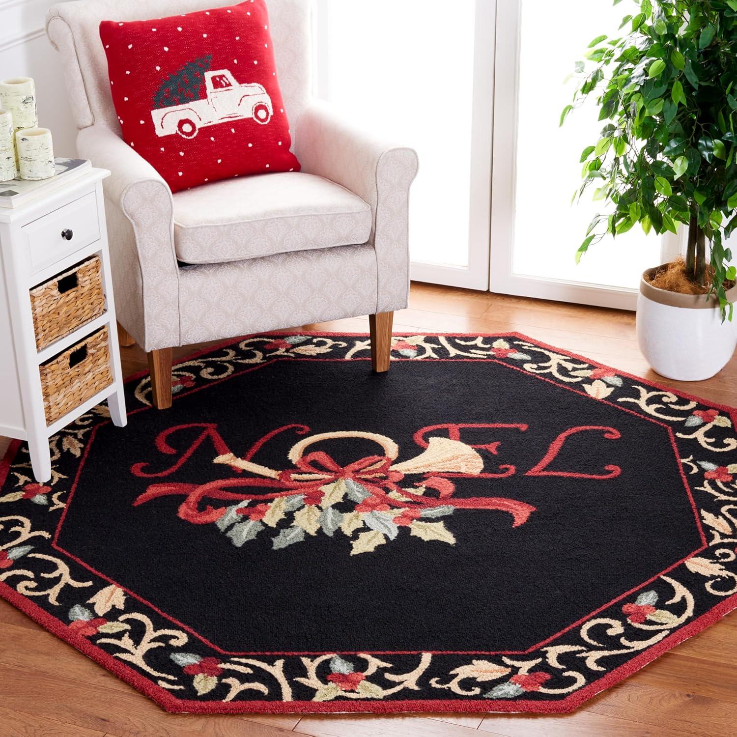 SAFAVIEH Chelsea Festive Noel Holiday Wool Area Rug, Black, 4' x 4' Octagon
