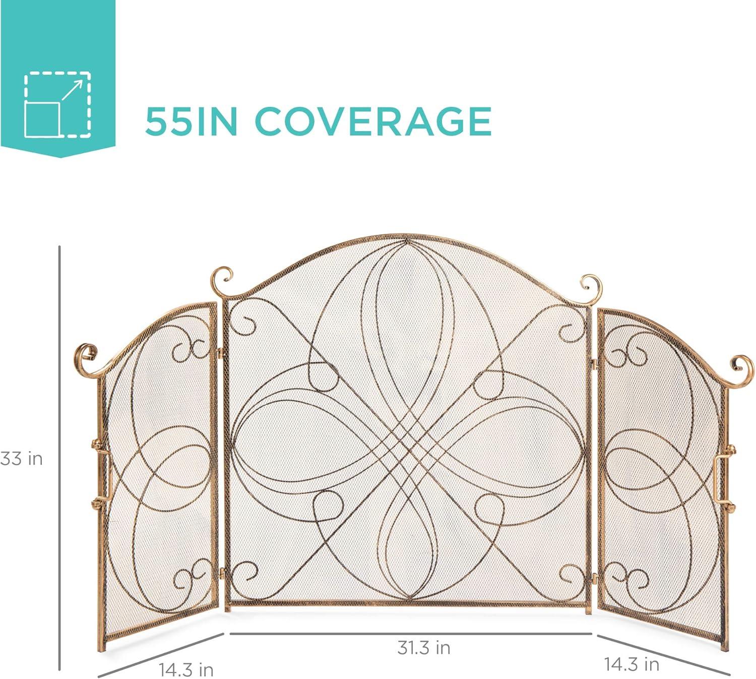 Winston Porter Lissowski 3-Panel 55"x33" Wrought Iron Fireplace Safety Screen Decorative Scroll Spark Guard Cover