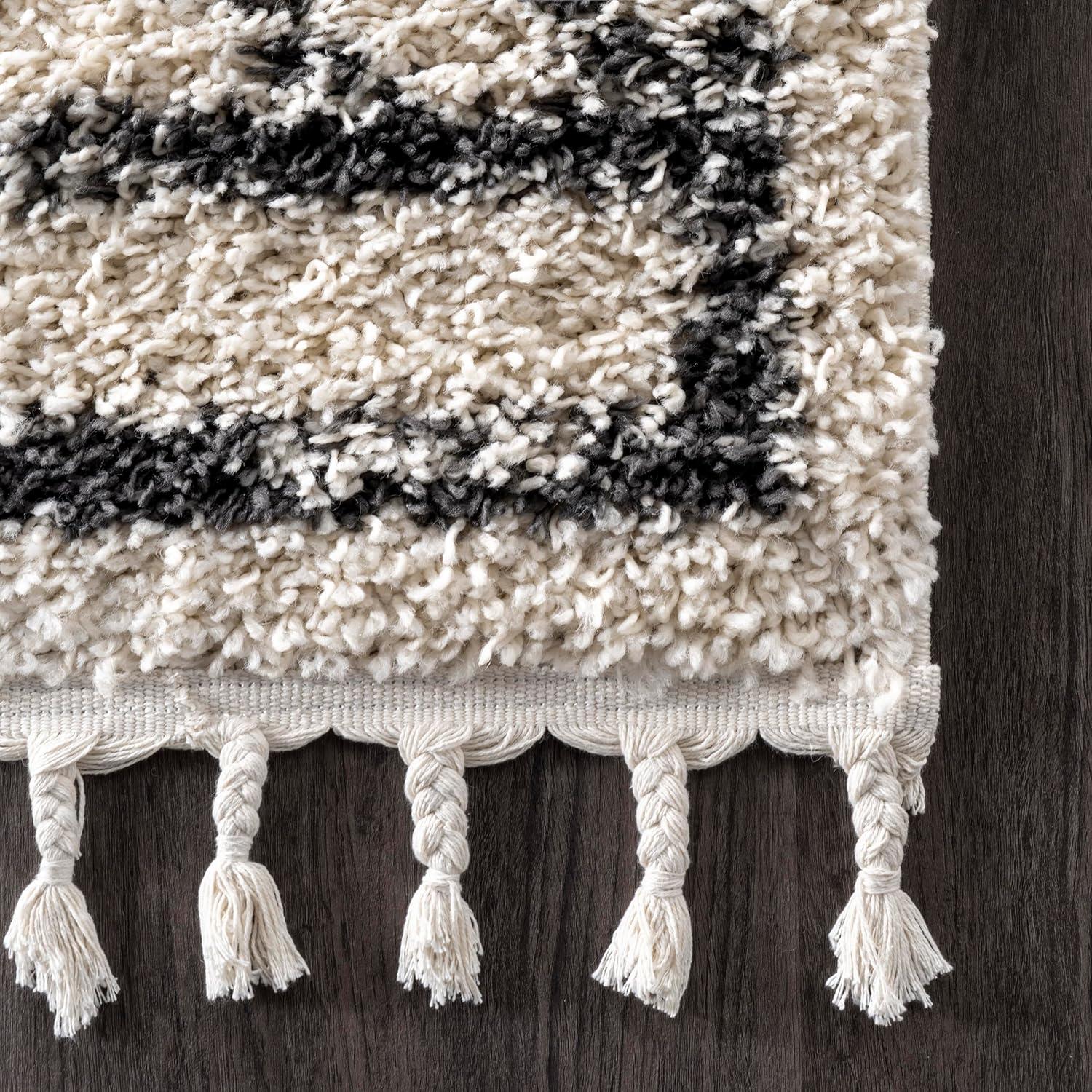 Off-White Moroccan Diamond Tassel Shag Runner Rug