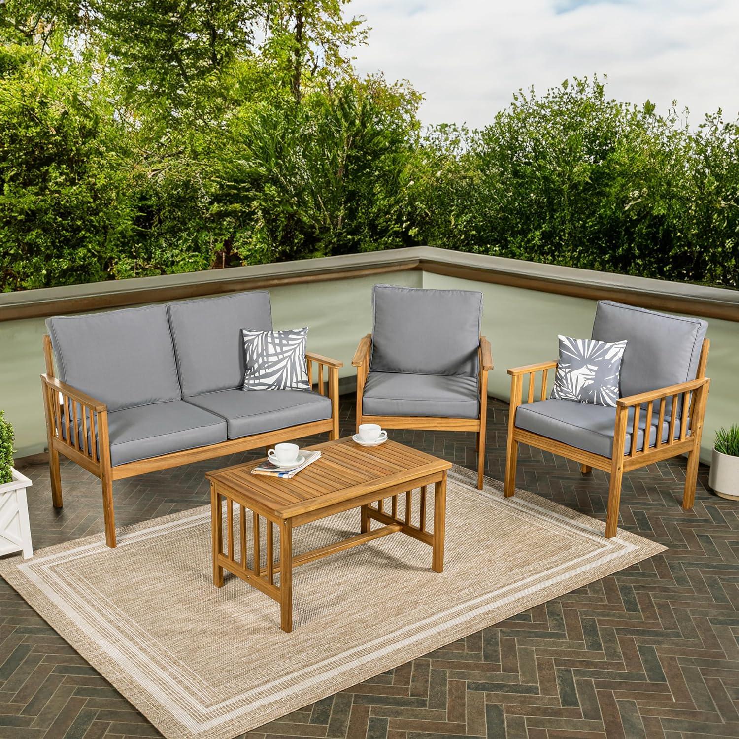 Everly 4-Piece Modern Cottage Acacia Wood Outdoor Patio Set with Cushions and Tropical Decorative Pillows, Gray/Teak Brown - JONATHAN Y