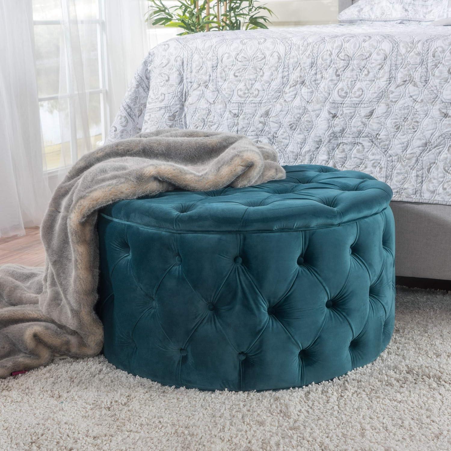 Contemporary Birch and Velvet Round Tufted Ottoman in Teal