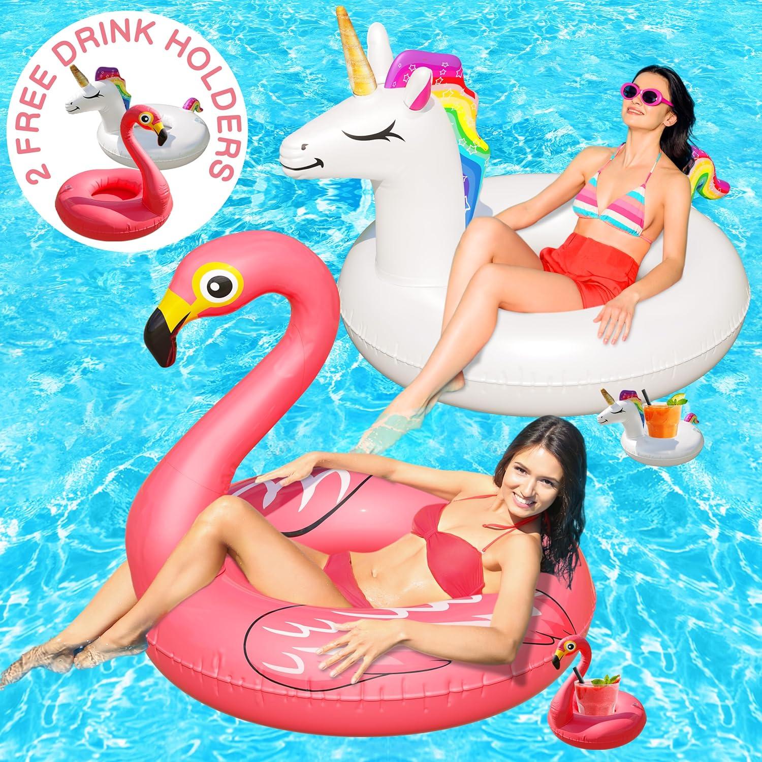 Joyfy 2 Packs Pool Floats Tube, Inflatable Unicorn Flamingo Pool Toys Floaties with Headrest, Pool Swim Ring for Kids Adults Beach Lake Summer Fun
