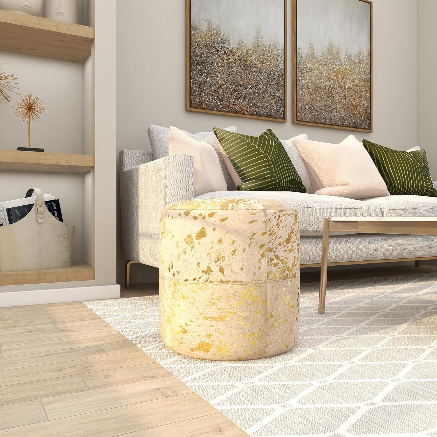 DecMode 16" x 17" Gold Leather Handmade Stool with Gold Foil Paint, 1-Piece