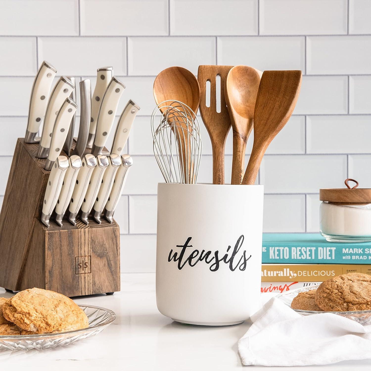 Styled Settings White & Silver Cement Utensil Holder