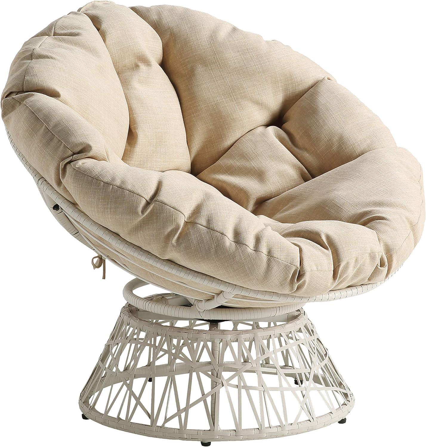 Papasan Chair with Cream Round Fabric Pillow Cushion and Cream Wicker Weave