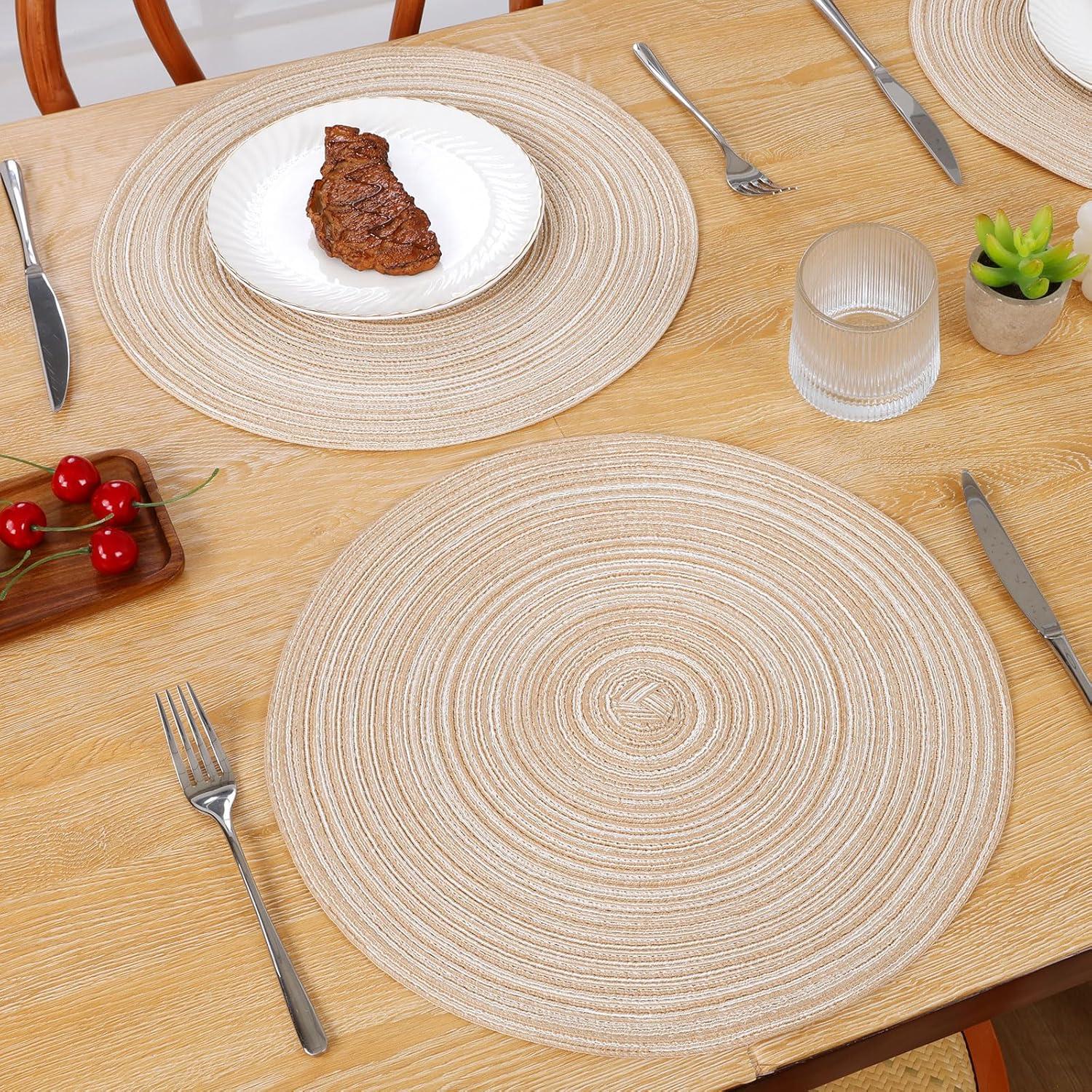 Asija Placemats，Round Cotton Braided Table Place Mats Braided Coaster Placemas Non-Slip Table Mats Placemats Set of 4 for in door Dining Kitchen Table Washable 15 inch
