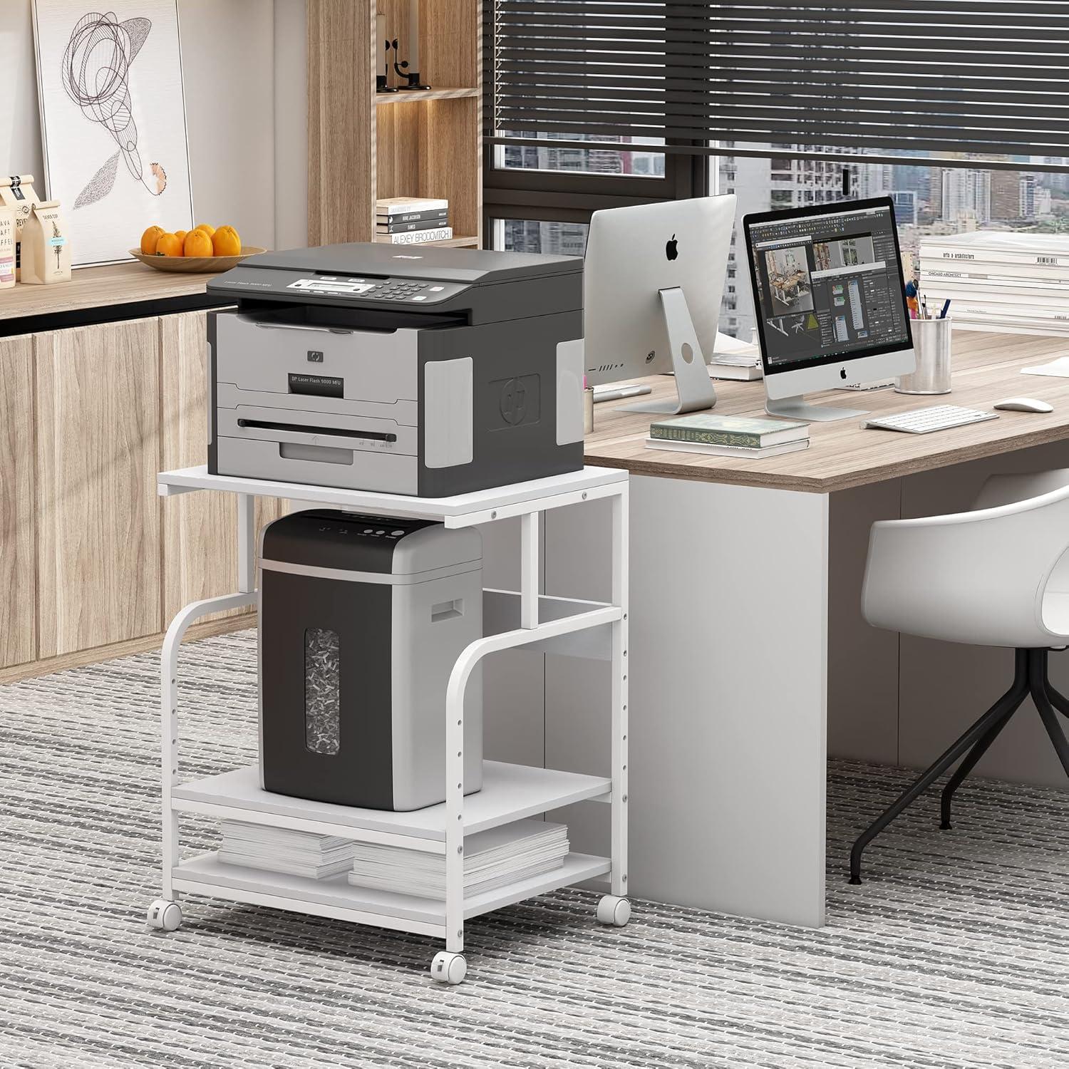 Printer Table, 23.6 x18.9 x 29.5 Inches Large Printer Stand with Height Adjustable Storage Shelf, 3 Tier Rolling Printer Cart Furniture with Wheels for Home Office, White & Black