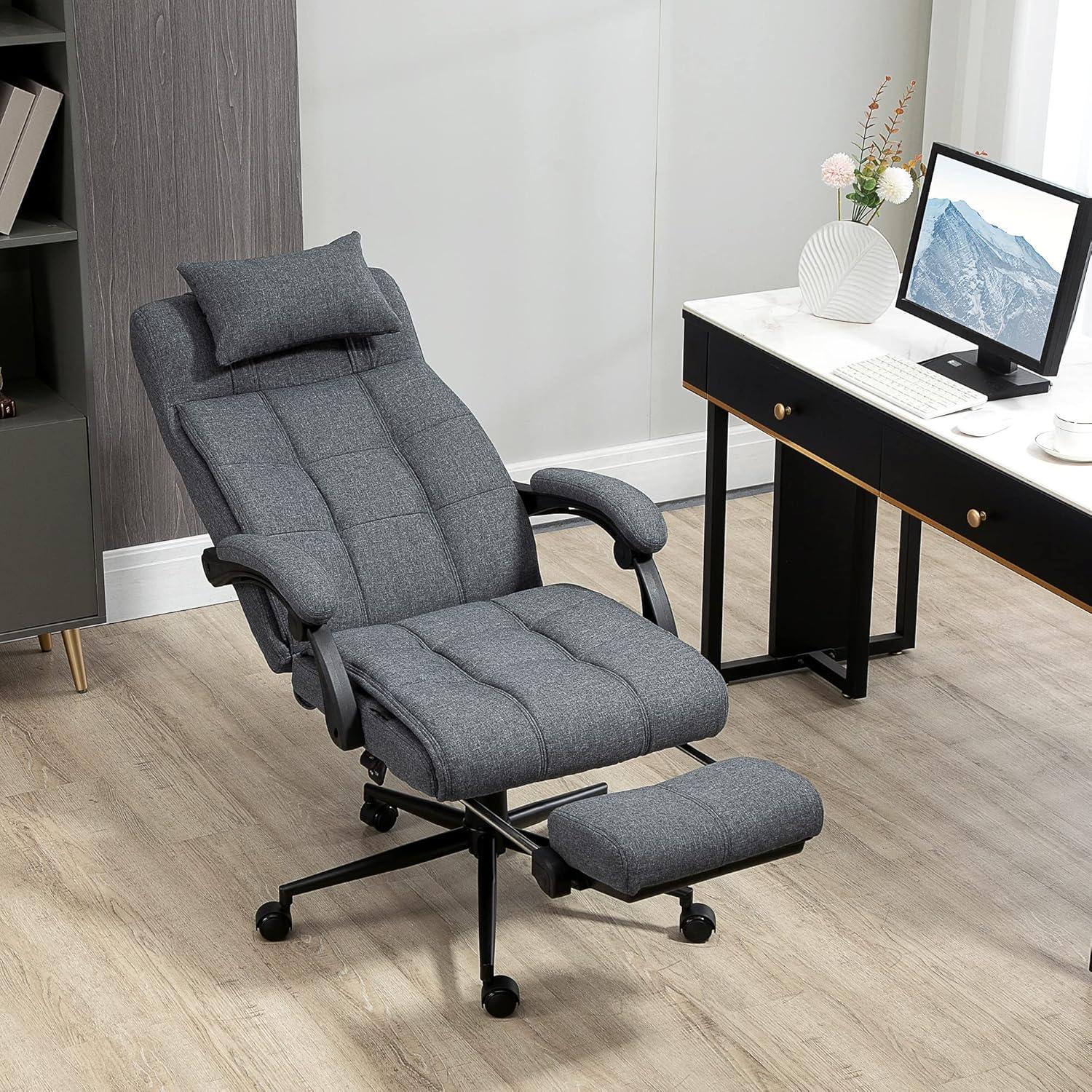 Vinsetto Executive Linen-Feel Fabric Office Chair High Back Swivel Task Chair with Upholstered Retractable Footrest, Headrest and Padded Armrest, Dark Grey