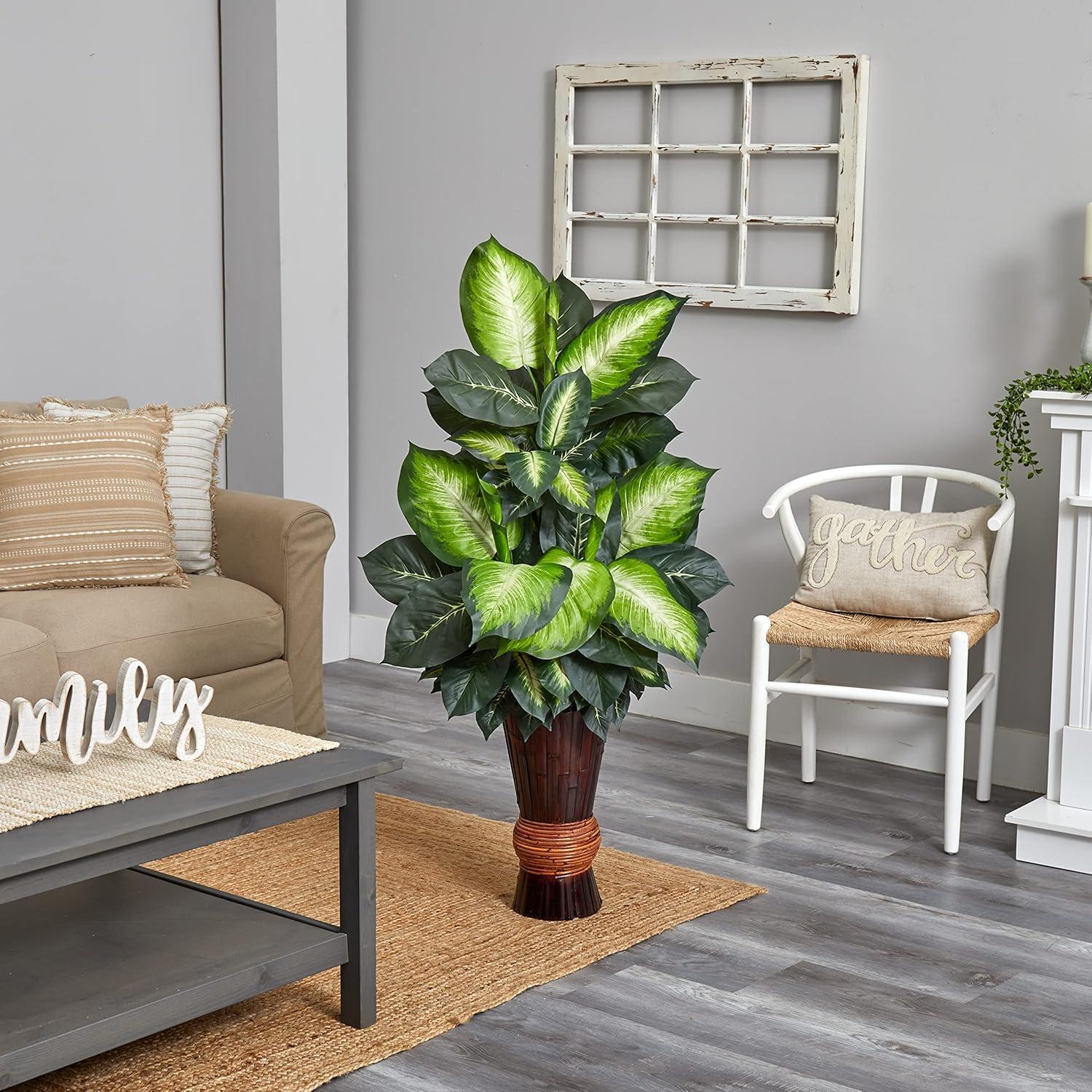 Nearly Natural Golden Dieffenbachia with Bamboo Planter
