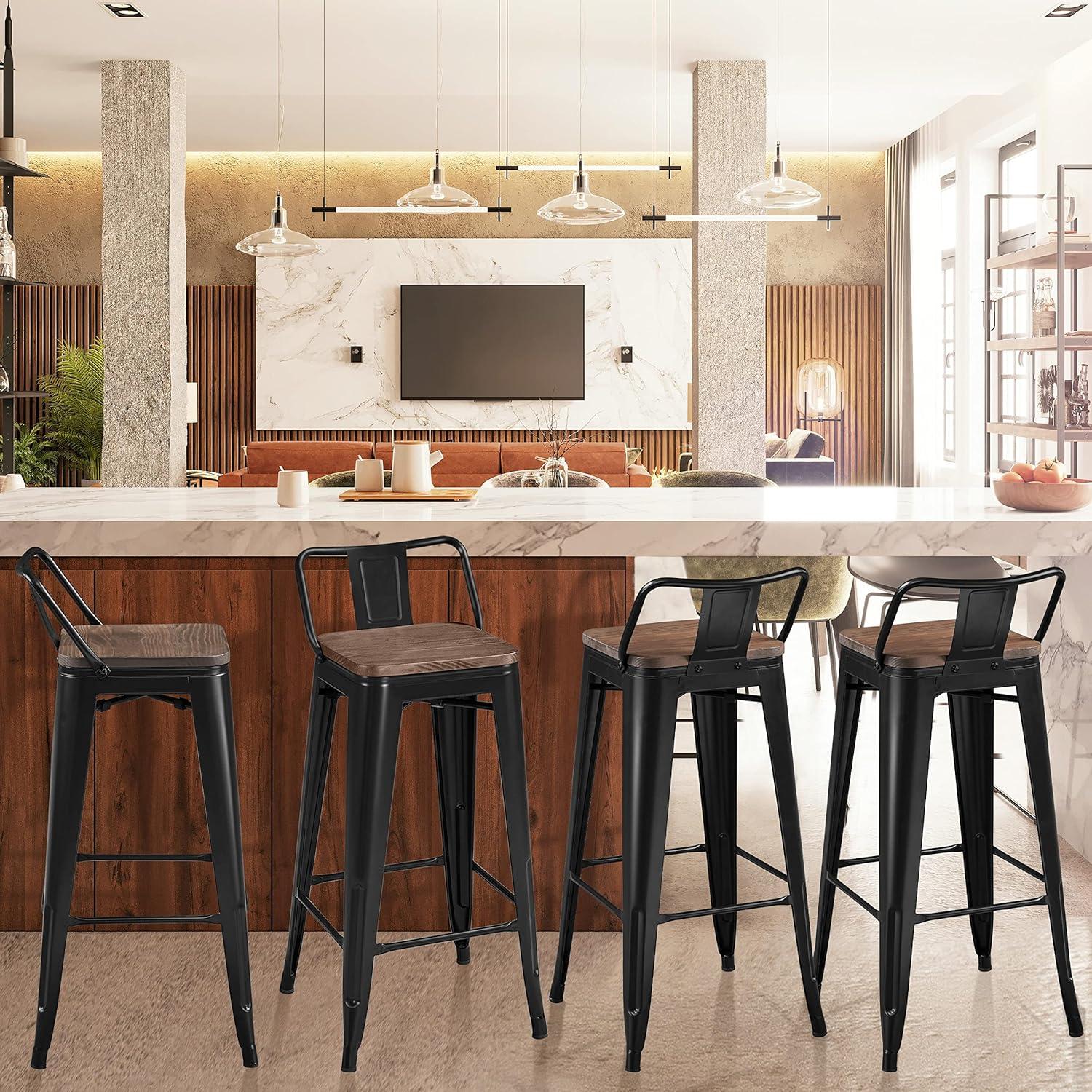 Killeryuki 24'' Metal Bar Stool 4PCS Low Back Conuter Stools for Indoor/Outdoor Barstools Metal Black Stools Bar Chairs w/Wooden Seat Metal Leg Industrial Counter Height Stools Black