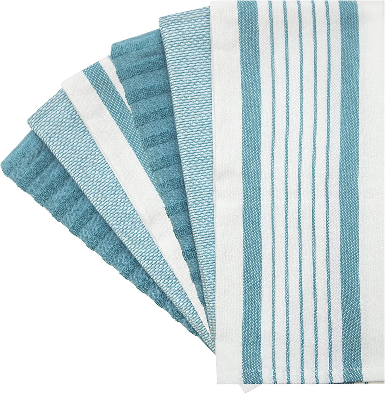 Premium Kitchen Towels 20”x 28”- 6 Pack| Large Cotton Kitchen Towels | Hand Towels for Kitchen | Flat & Terry Towel | Dish Towels | Highly Absorbent Tea Towels Set with Hanging Loop | Aqua Striped