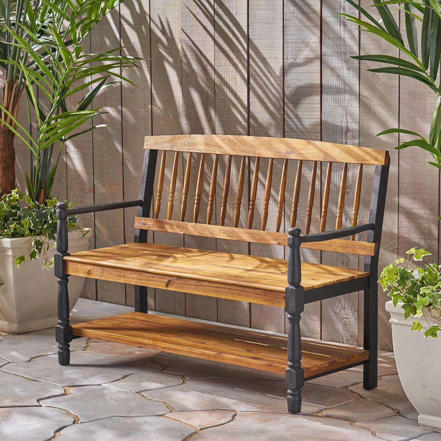 Teak and Black Acacia Wood Bench with Shelf, 51"