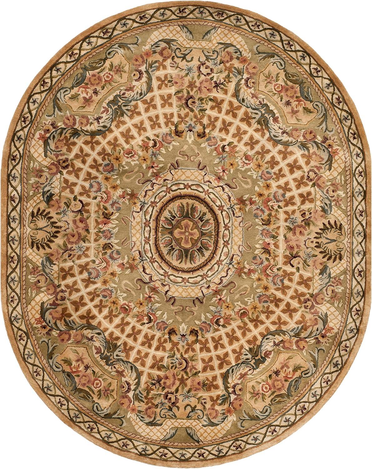 SAFAVIEH Classic Chandler Floral Bordered Wool Area Rug, Taupe/Light Green, 7'6" x 9'6" Oval