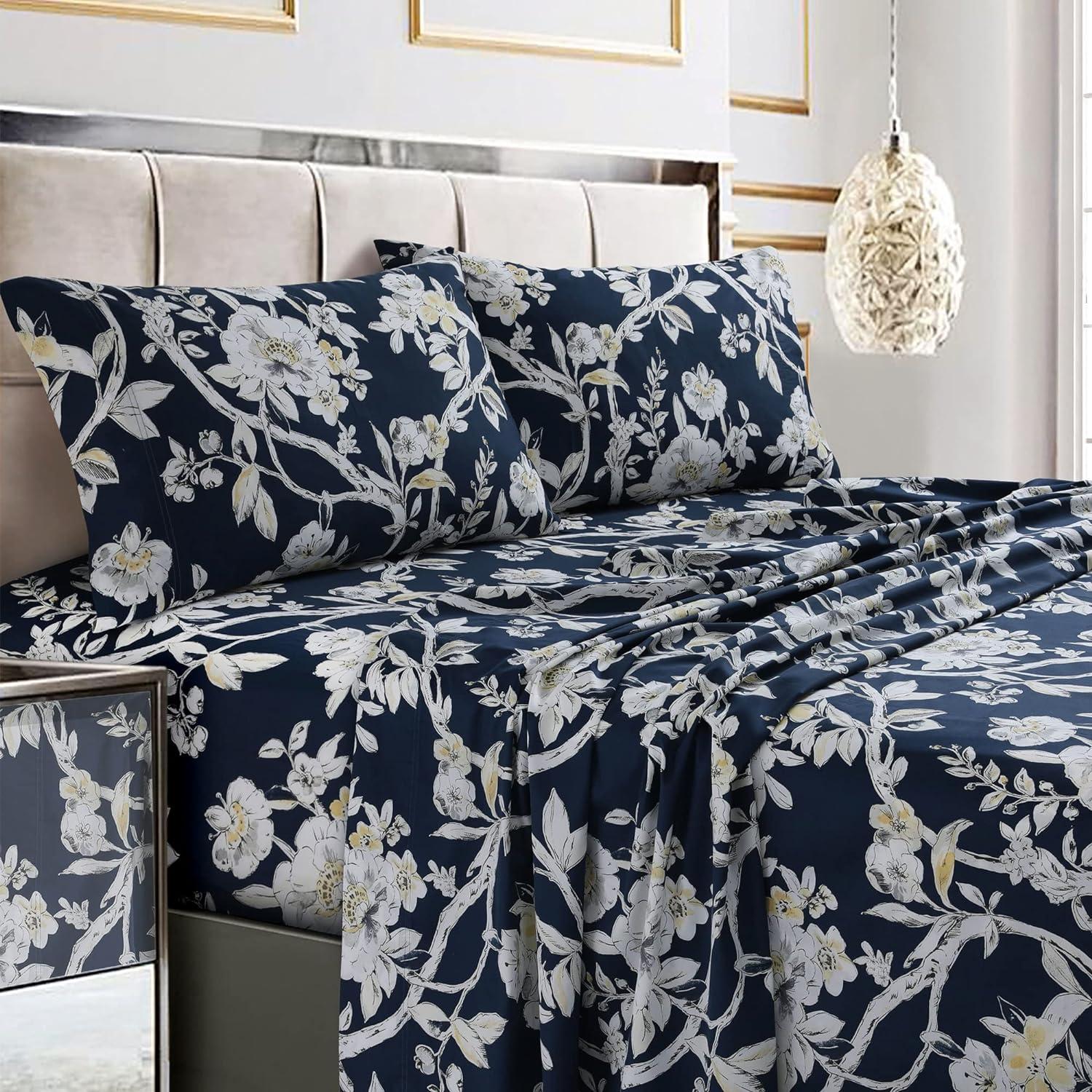 Tribeca Living Tribeca Living Printed 300 Thread Count Sheets 100% Egyptian-Quality Cotton With Sateen Weave Floral Sheet Set