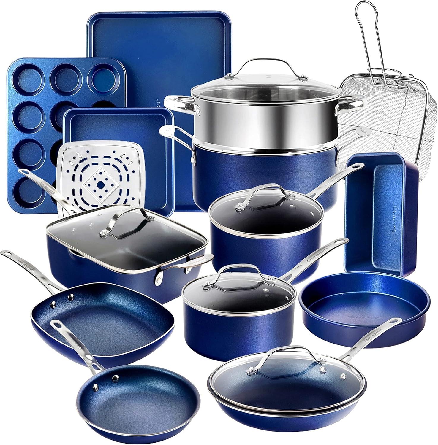 Granitestone Blue 20 Piece Aluminum Non Stick Cookware & Bakeware Set with Ultra Nonstick Surface, Oven & Dishwasher Safe