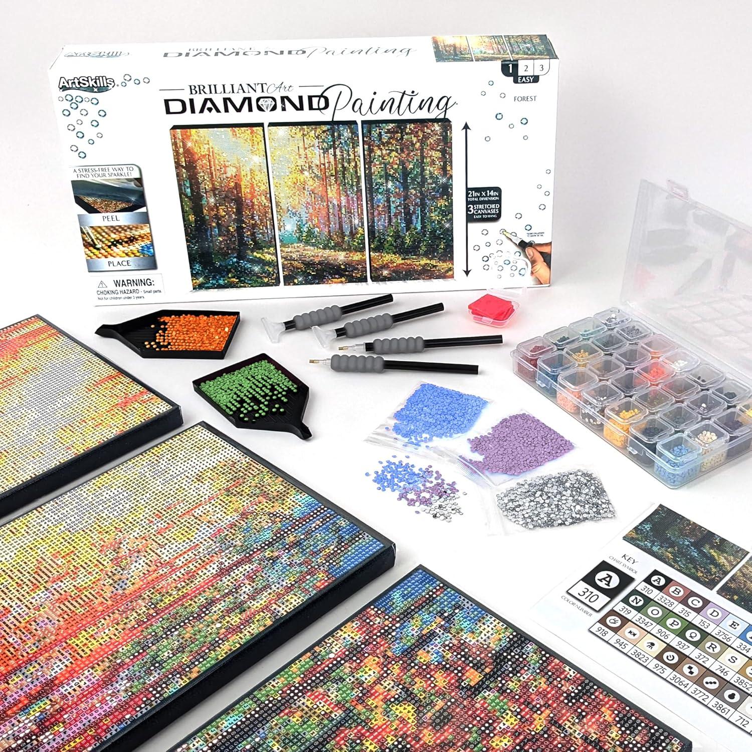 ArtSkills Diamond Painting Kit, Diamond Art Ready to Hang Framed Canvas with Storage and Accessory Kit, Forest, 3 Stretched Canvas Panels, 14” x 7” Each