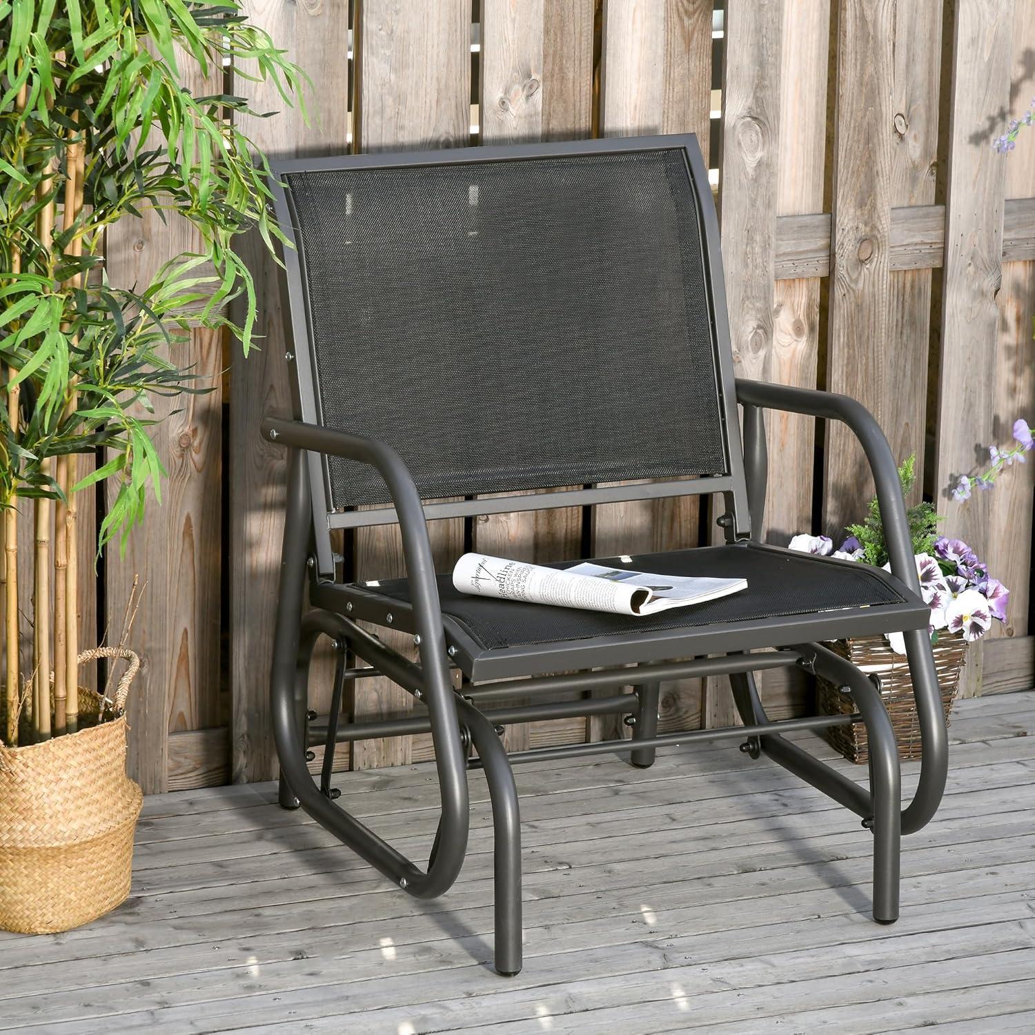 Outsunny Outdoor Glider Chairs, Swing Chair with Breathable Mesh Fabric, Curved Armrests and Steel Frame for Porch, Garden, Poolside, Balcony, Black