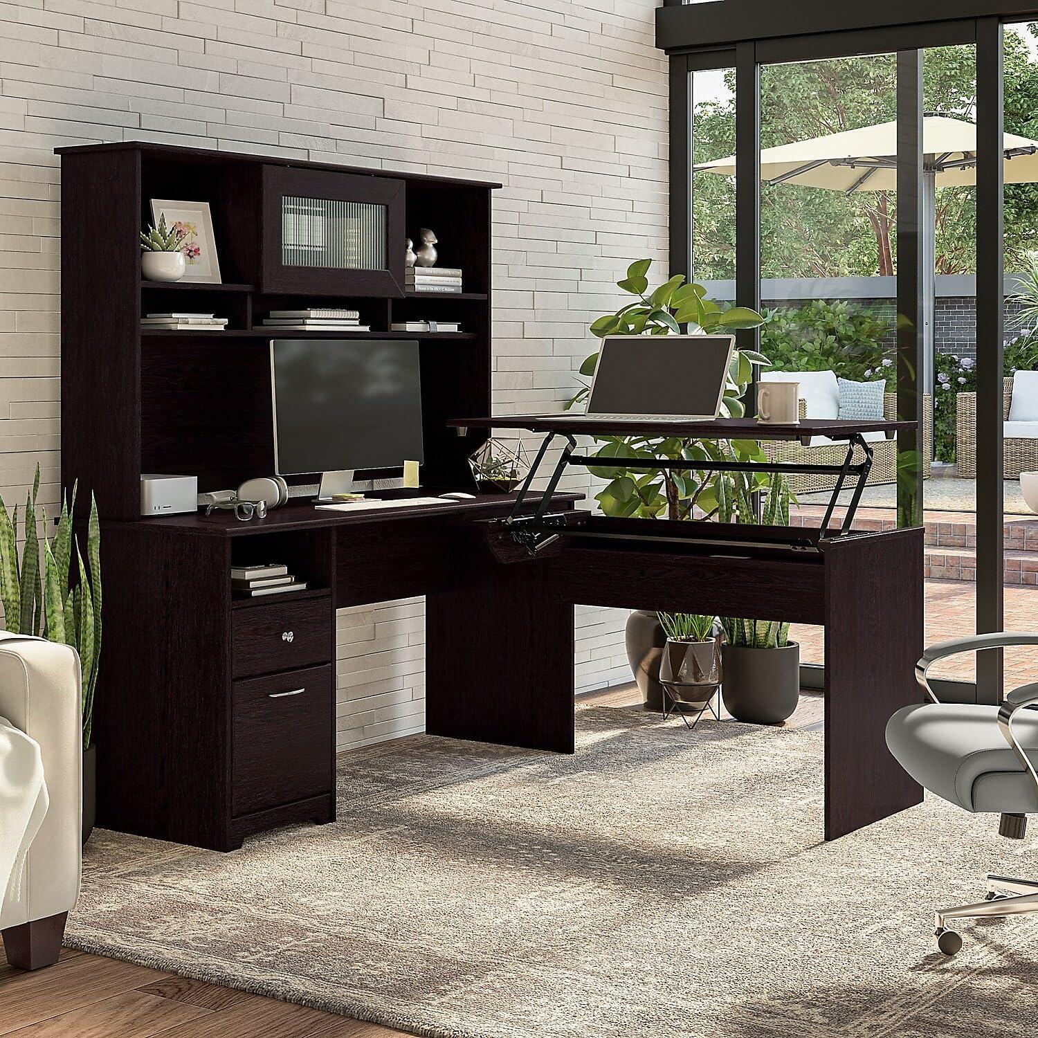 Cabot 60W 3 Position Sit to Stand L Desk & Hutch in Espresso Oak - Eng Wood