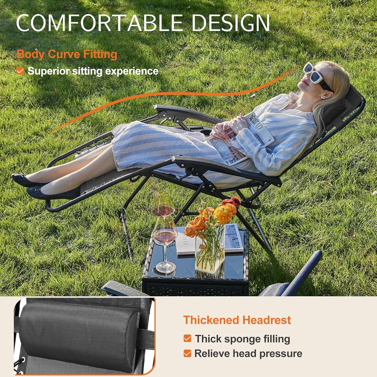 Zero Gravity Chairs, Set of 2 Portable Recliner Beach Camping Patio Outdoor Folding Lounge Chair with Cup Holder Trays and Adjustable Pillow for Poolside, Garden, Backyard, Lawn (Black)