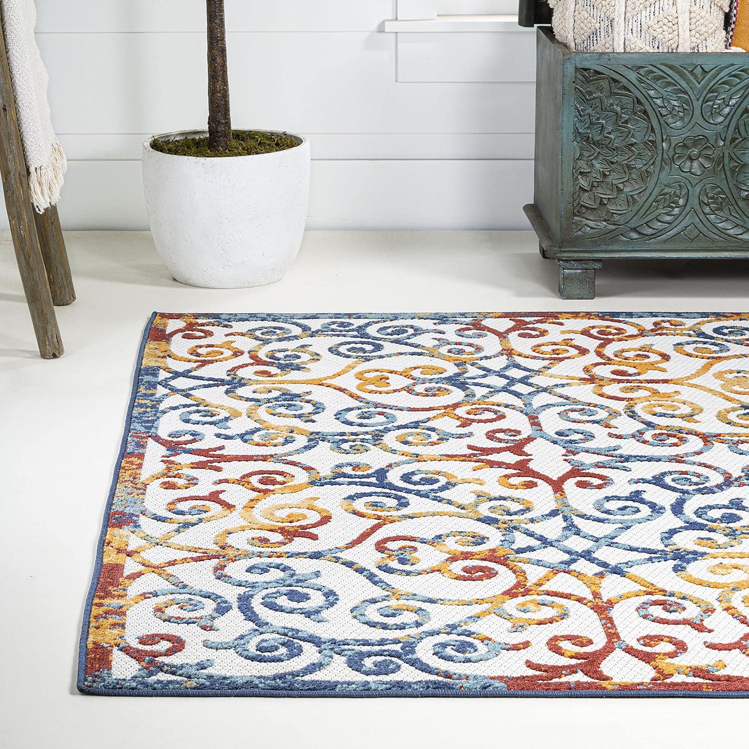 3'x5' Atrani Scroll Trellis Indoor/Outdoor Area Rug, Cream/Blue/Red - JONATHAN Y
