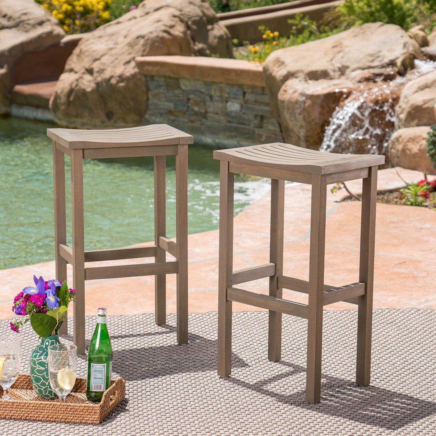 Caribbean 2pk 30" Acacia Wood Patio Barstool - Gray - Christopher Knight Home: Saddle Seat, Weather-Resistant