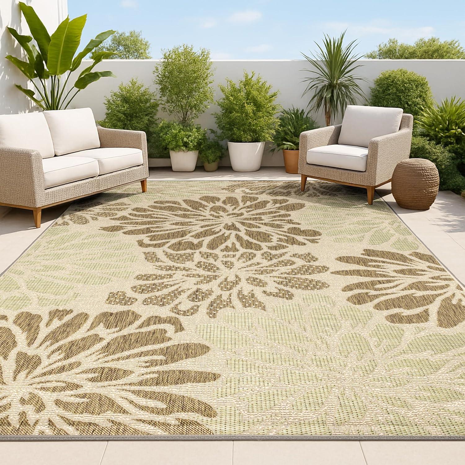 3'x5' Zinnia Modern Floral Textured Weave Indoor/Outdoor Area Rug, Sage/Brown - JONATHAN Y