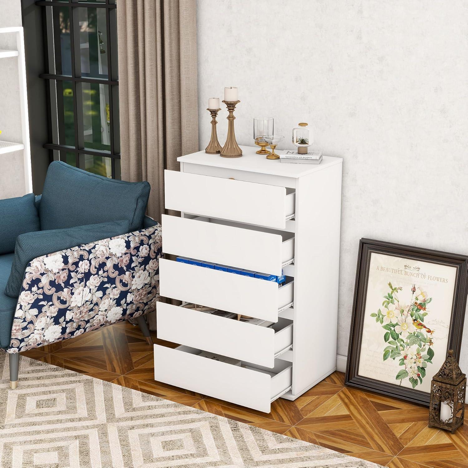 Cómoda Blanca de 5 Cajones para Dormitorio, Cómoda Moderna, Cómoda de Almacenamiento de Madera con Cajones Profundos para la Entrada Del Pasillo de la Sala de Estar,
