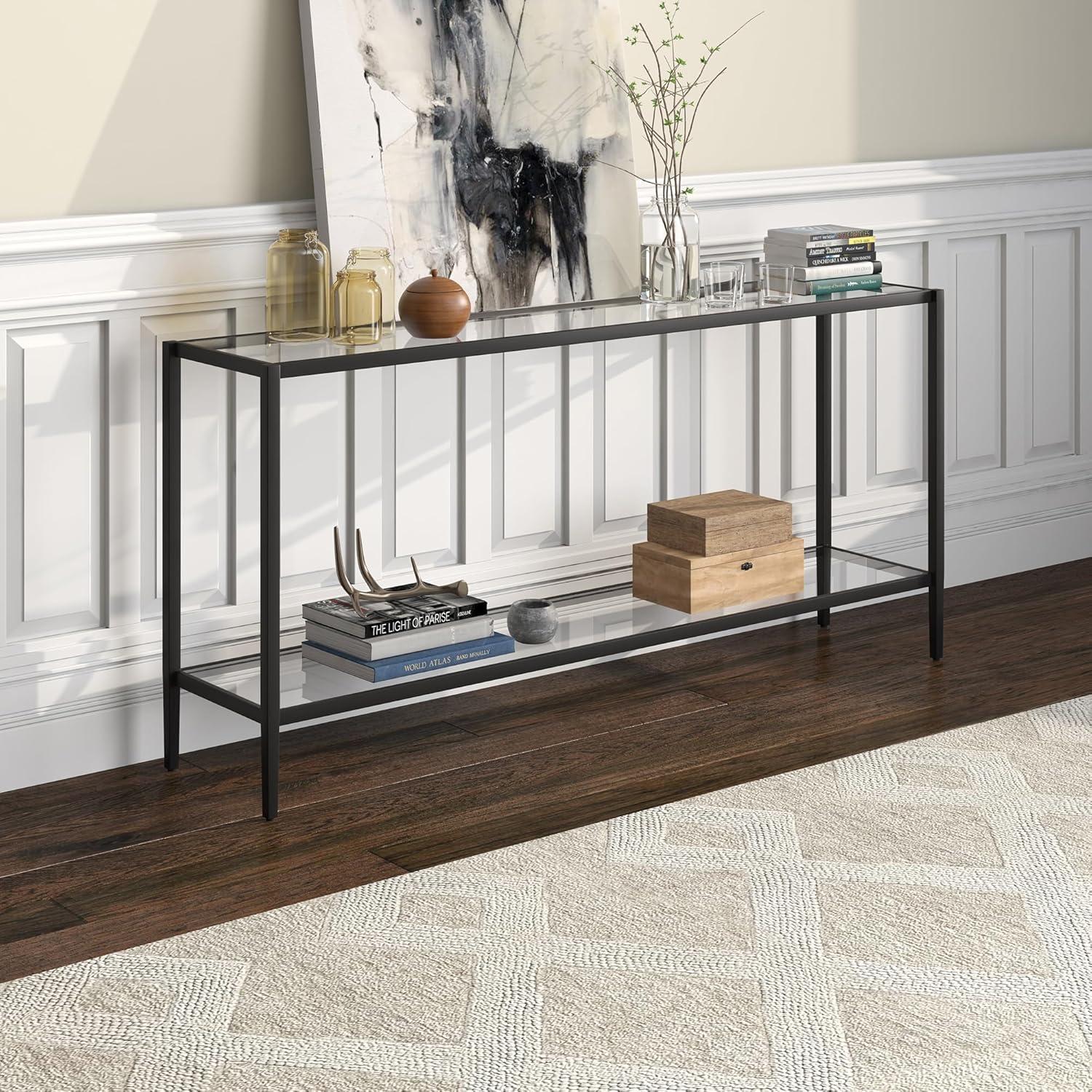 Aurora Modern Mirrored Console Table with Glass Shelf in Blackened Bronze